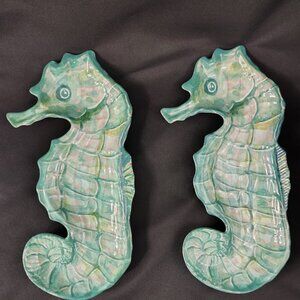 2 Vintage Melamine Seahorse Trays  Iridescent Aqua Wall Plaques/Coastal Serving